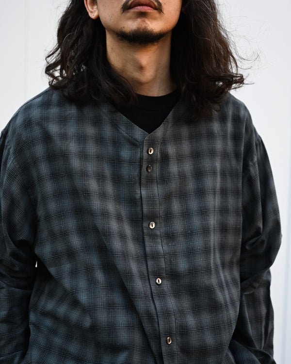 OMBRE CHECK V-COLLAR SEMI LONG SHIRT LS