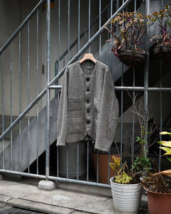 COLLARLESS JACKET, special twisted yarn fabrics