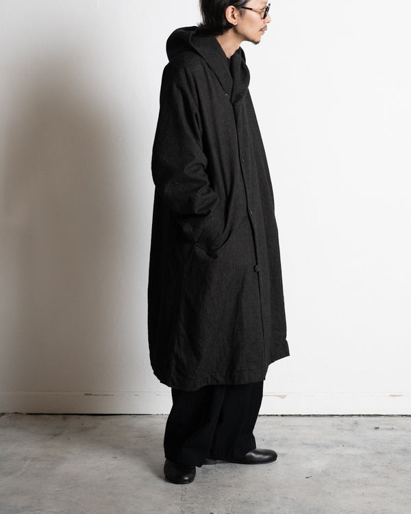 HOODED COAT, charcoal brown mixed color kasuri