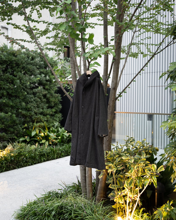 HOODED COAT, charcoal brown mixed color kasuri