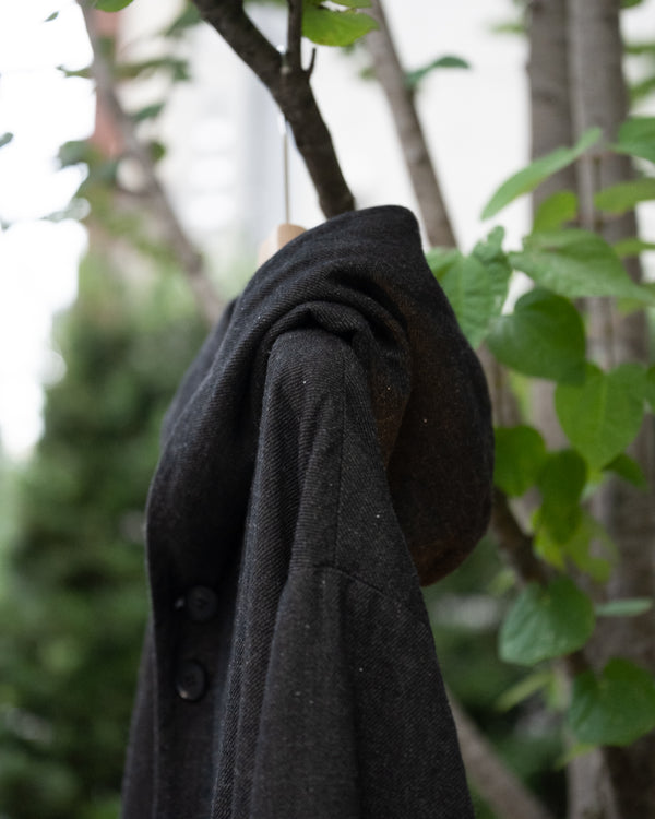 HOODED COAT, charcoal brown mixed color kasuri