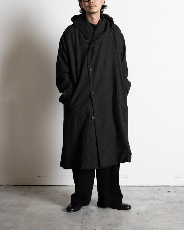 HOODED COAT, charcoal brown mixed color kasuri