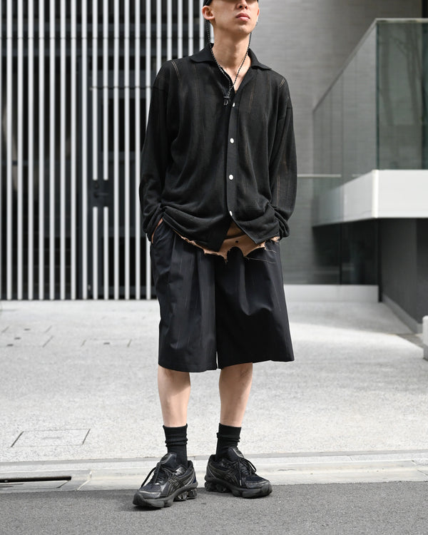 DOUBLE PLEATED WIDE EASY SHORTS, wool kasuri stripe