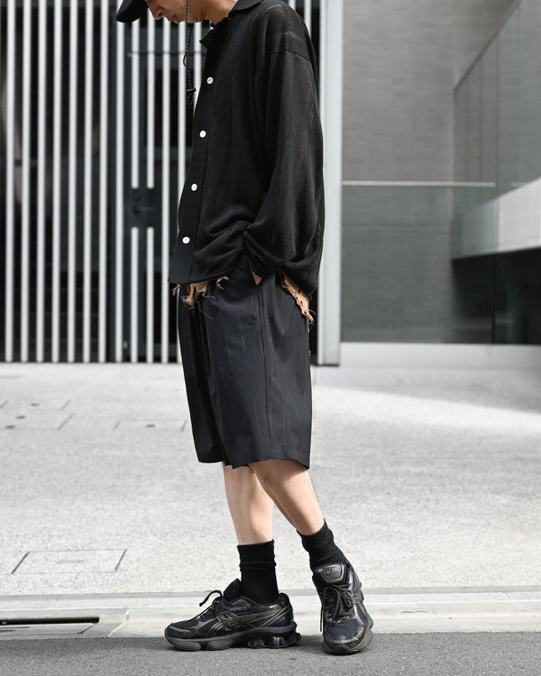 DOUBLE PLEATED WIDE EASY SHORTS, wool kasuri stripe