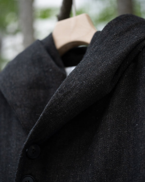 HOODED COAT, charcoal brown mixed color kasuri