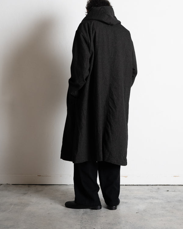 HOODED COAT, charcoal brown mixed color kasuri
