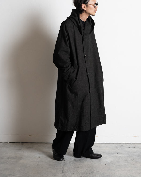 HOODED COAT, charcoal brown mixed color kasuri