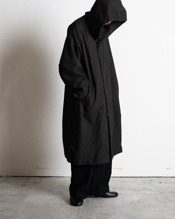HOODED COAT, charcoal brown mixed color kasuri