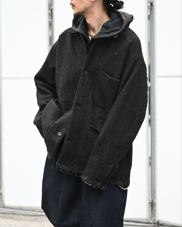 DAMAGE WOOL HERRINGBONE COVER ALL, brown×black