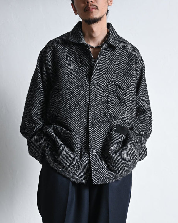 DAMAGE WOOL HERRINGBONE COVER ALL, white×black