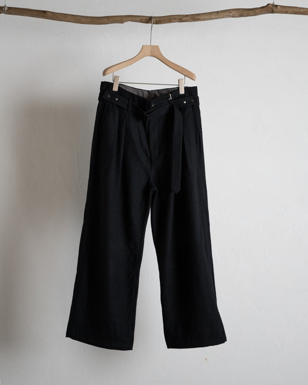 WOOL BELTED WIDE SLACKS, BLACK