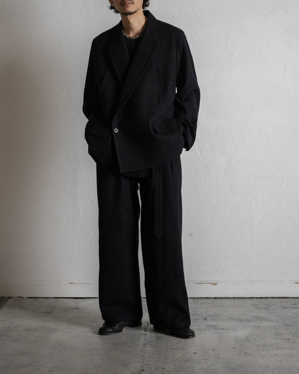 WOOL BELTED WIDE SLACKS, BLACK