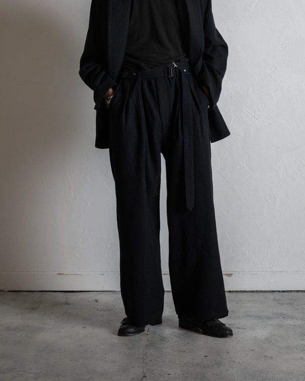 WOOL BELTED WIDE SLACKS, BLACK
