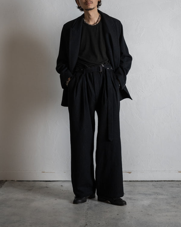 WOOL BELTED WIDE SLACKS, BLACK
