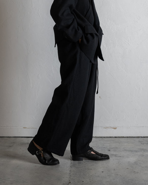 WOOL BELTED WIDE SLACKS, BLACK