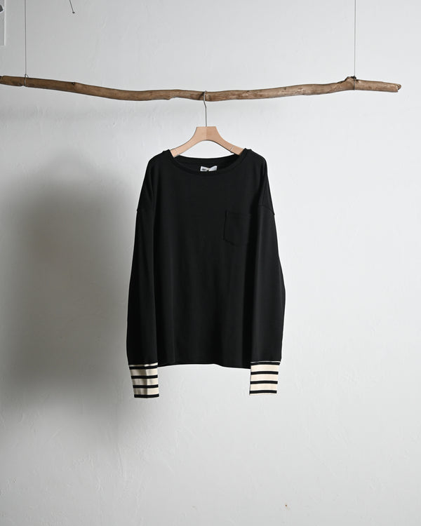 EMB OVERSIZED BOATNECK TEE LS, black