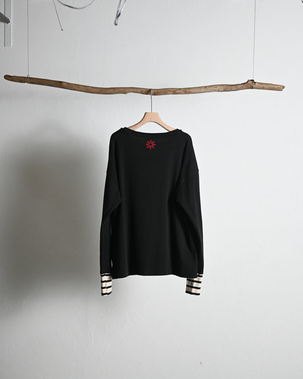 EMB OVERSIZED BOATNECK TEE LS, black