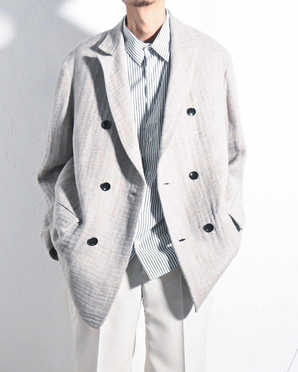 DOUBLE BREASTED BLAZER, WOOL LINEN DOUBLE GAZE FABRIC, BEIGE.-saby-COELACANTH