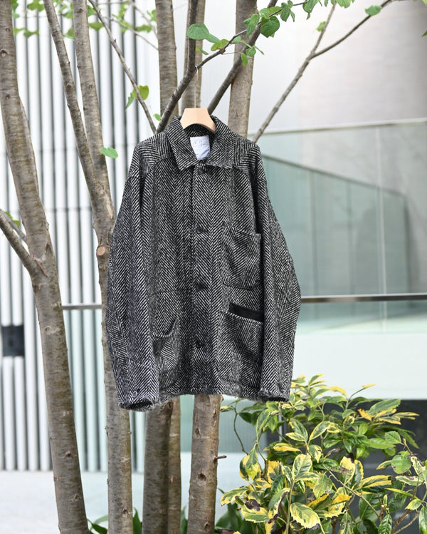 DAMAGE WOOL HERRINGBONE COVER ALL, white×black