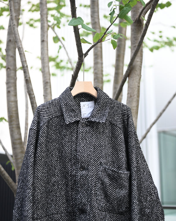 DAMAGE WOOL HERRINGBONE COVER ALL, white×black