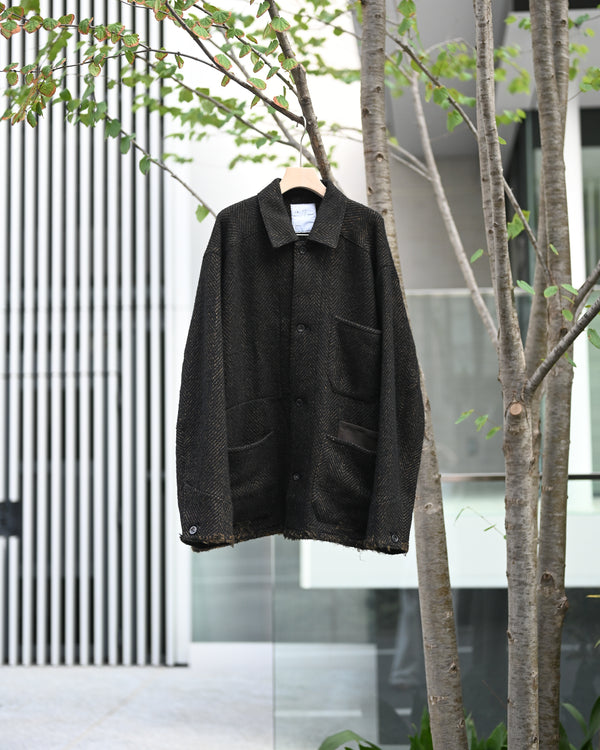 DAMAGE WOOL HERRINGBONE COVER ALL, brown×black