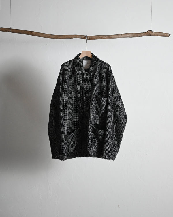 DAMAGE WOOL HERRINGBONE COVER ALL, white×black