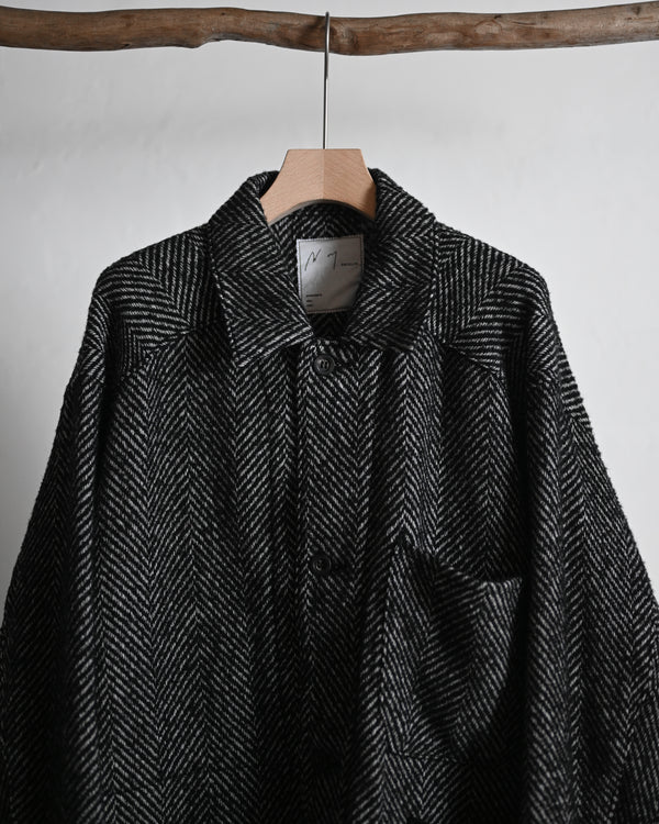 DAMAGE WOOL HERRINGBONE COVER ALL, white×black