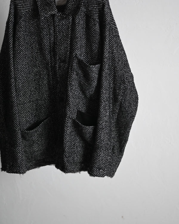 DAMAGE WOOL HERRINGBONE COVER ALL, white×black