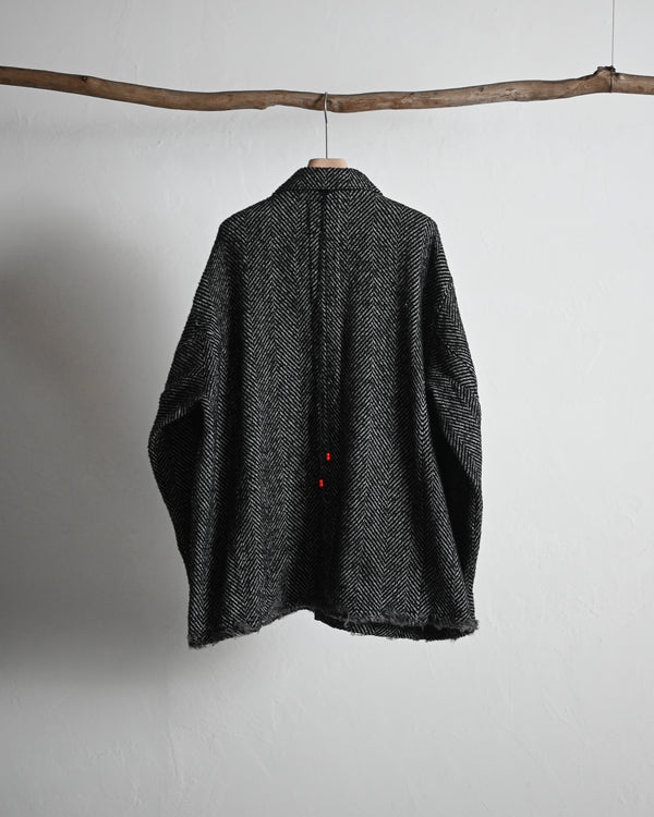 DAMAGE WOOL HERRINGBONE COVER ALL, white×black