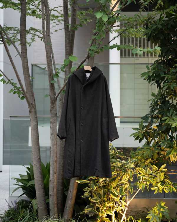 HOODED COAT, charcoal brown mixed color kasuri